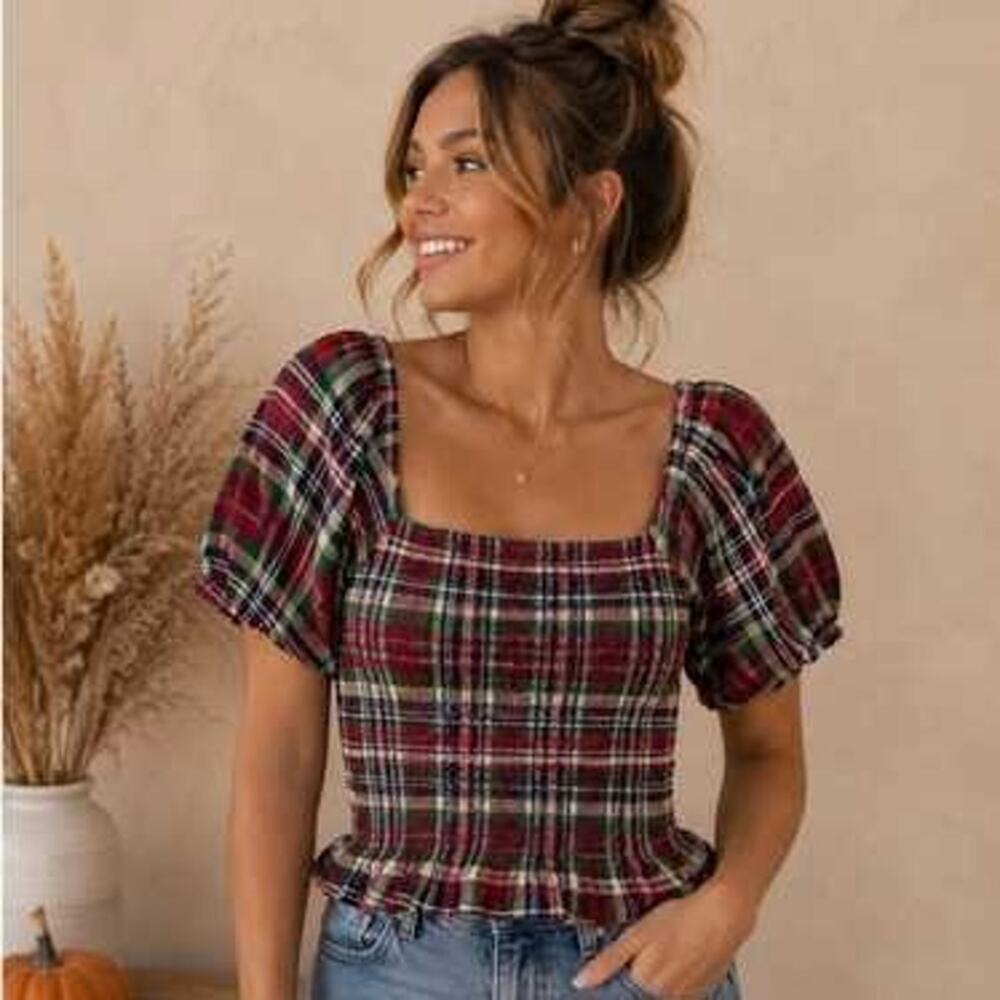 American Eagle Plaid Smocked Crop Top Puff Sleeve Square Neck Blouse
